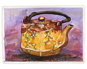 Antique Teapot Watercolor Painting #29 | Rookwood Pottery Earthenware Teapot Wall Art | Rust and Yellow Gold Japanese Style Teapot Wall Art