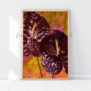 Chocolate Anthurium Flower Watercolor Art Print | Modern Floral Illustration