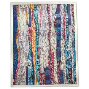 May include: Abstract watercolor painting with vertical stripes of various colors, including red, blue, yellow, and green. The stripes are made up of small dots and create a textured effect.