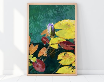 May include: A framed watercolor painting of a purple water lily bud with yellow and red lily pads in a pond. The background is a dark green.
