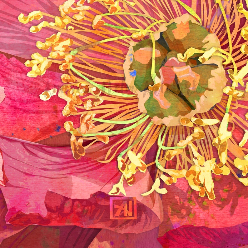 Peut inclure: Gros plan sur une fleur rose avec un centre jaune. La fleur a un aspect textur&eacute;, comme une aquarelle.