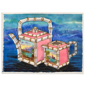 Pink Teapot Painting #25 | Pink and White Bamboo Porcelain Teapot and Creamer | Teapot Wall Art | Delicate Bodley Teapot Watercolor