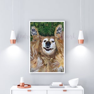 May include: A golden retriever dog lying on its back with its paws in the air, smiling with its tongue out. The dog is on a green grassy background.