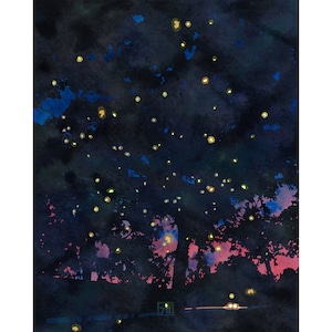 Fireflies and Headlights on Lakeside Drive - Fireflies Art Print | Forest of Fireflies Peaceful Night Landscape Wall Art | Midsummer Night