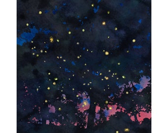 Fireflies and Headlights on Lakeside Drive - Fireflies Art Print | Forest of Fireflies Peaceful Night Landscape Wall Art | Midsummer Night