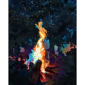 Forest Campfire Art Print | Magical Bonfire Wall Art | Log Fire Under the Stars | Rustic Cabin Decor | Art for Campers and Hikers