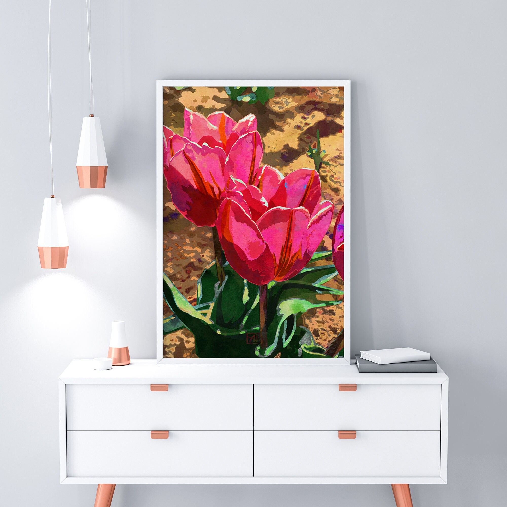 Tulip Flower Art Print #12 - Hot Pink Tulips Watercolor Floral Wall Art ...
