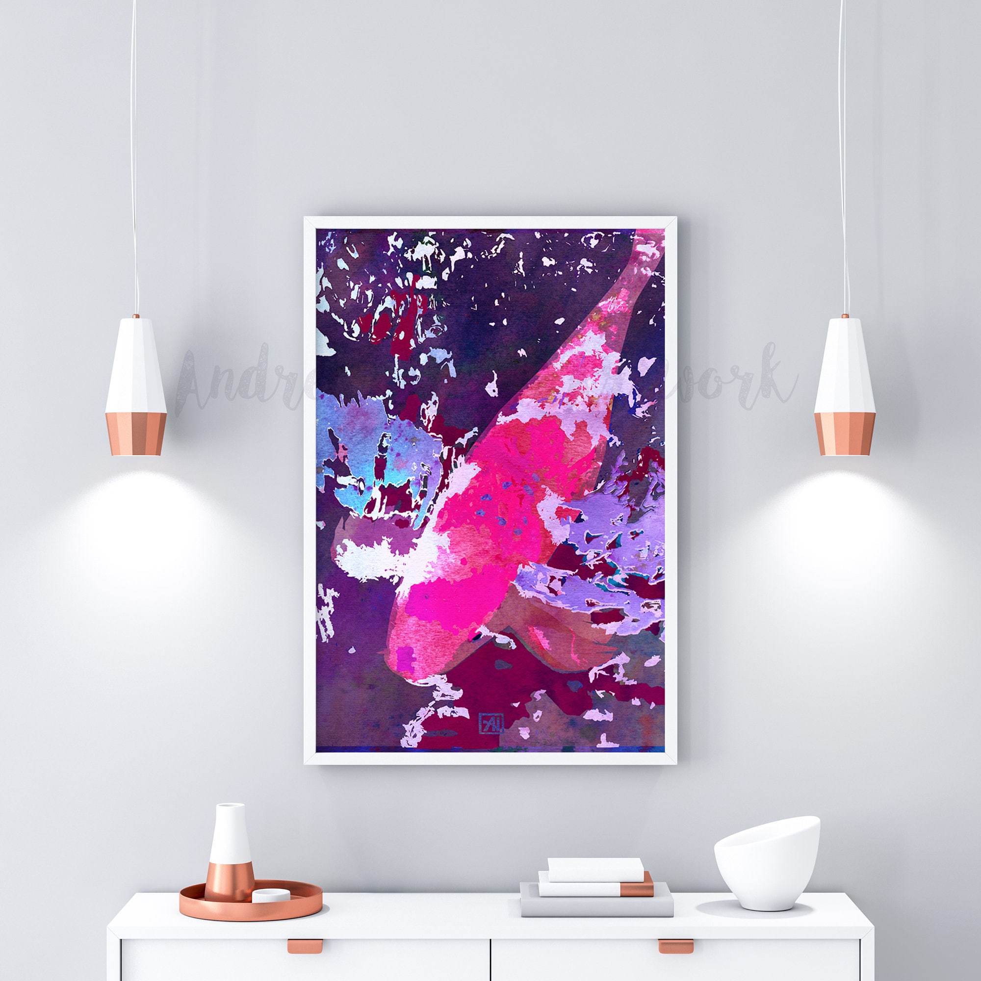 Pink Koi Fish Watercolor Art Print Japanese Woodblock Style Etsy