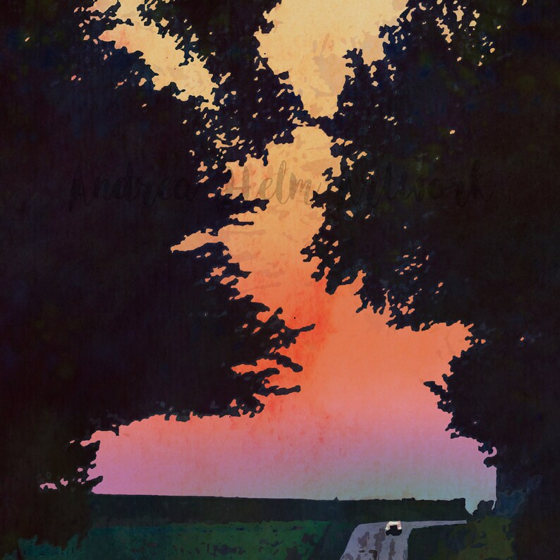 May include: A watercolor painting of a sunset with two dark trees silhouetted against the sky. The sky is a gradient of orange, pink, and purple. A white car is driving on a road in the distance.