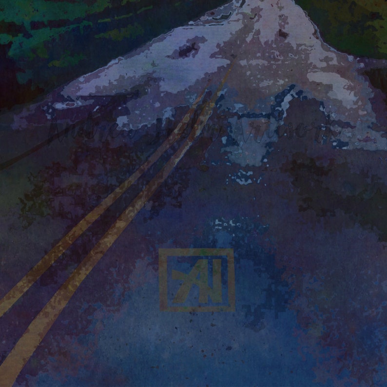 May include: A watercolor painting of a road with two yellow lines leading up to a snow-covered mountain. The road is textured and appears to be wet. The mountain is in the background and is partially obscured by the road. The painting has a dark blue and purple color scheme. The text "AI" is in a yellow box in the lower right corner of the painting.