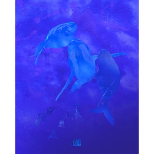 May include: A watercolor painting of three blue whales swimming in a purple and blue ocean. The whales are painted in a realistic style, with their bodies and tails visible. The ocean is painted with a soft, dreamy effect.
