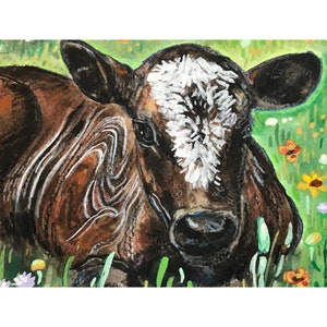 Brown Calf In The Flowers Baby Calf Watercolor Painting 7x10 Baby Farm Animals Wall Art image 3