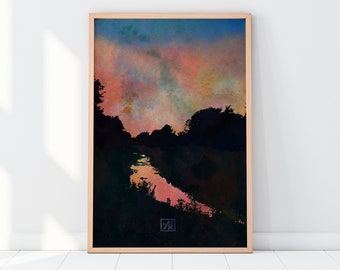 Watercolor Sunset Art | Sunset Reflection on Creek | Evening Landscape Treeline Illustration