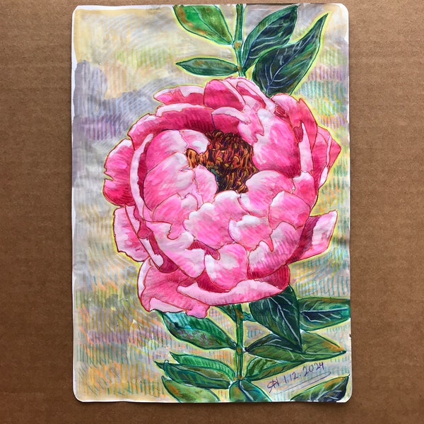 Peony Flower #1 - Watercolor Sketch on Notebook Paper (Jan. 12, 2024) | Original Floral Watercolor Painting - Bright Pink