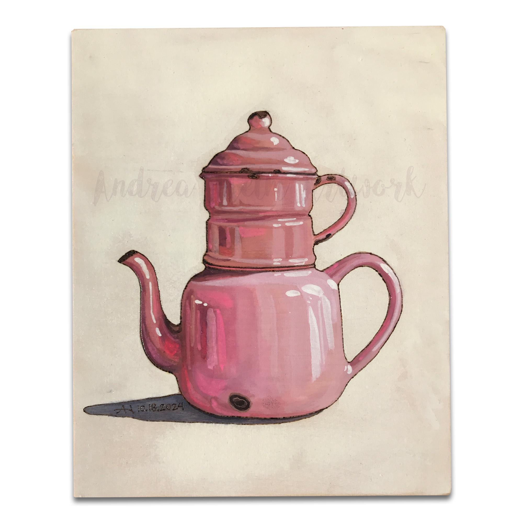 Vintage Pink Enamelware Teapot Painting - Acrylic on 8x10 Birch Wood Board | My Etsy Favorites List | Shabby Chic Retro Coffeepot Wall Art