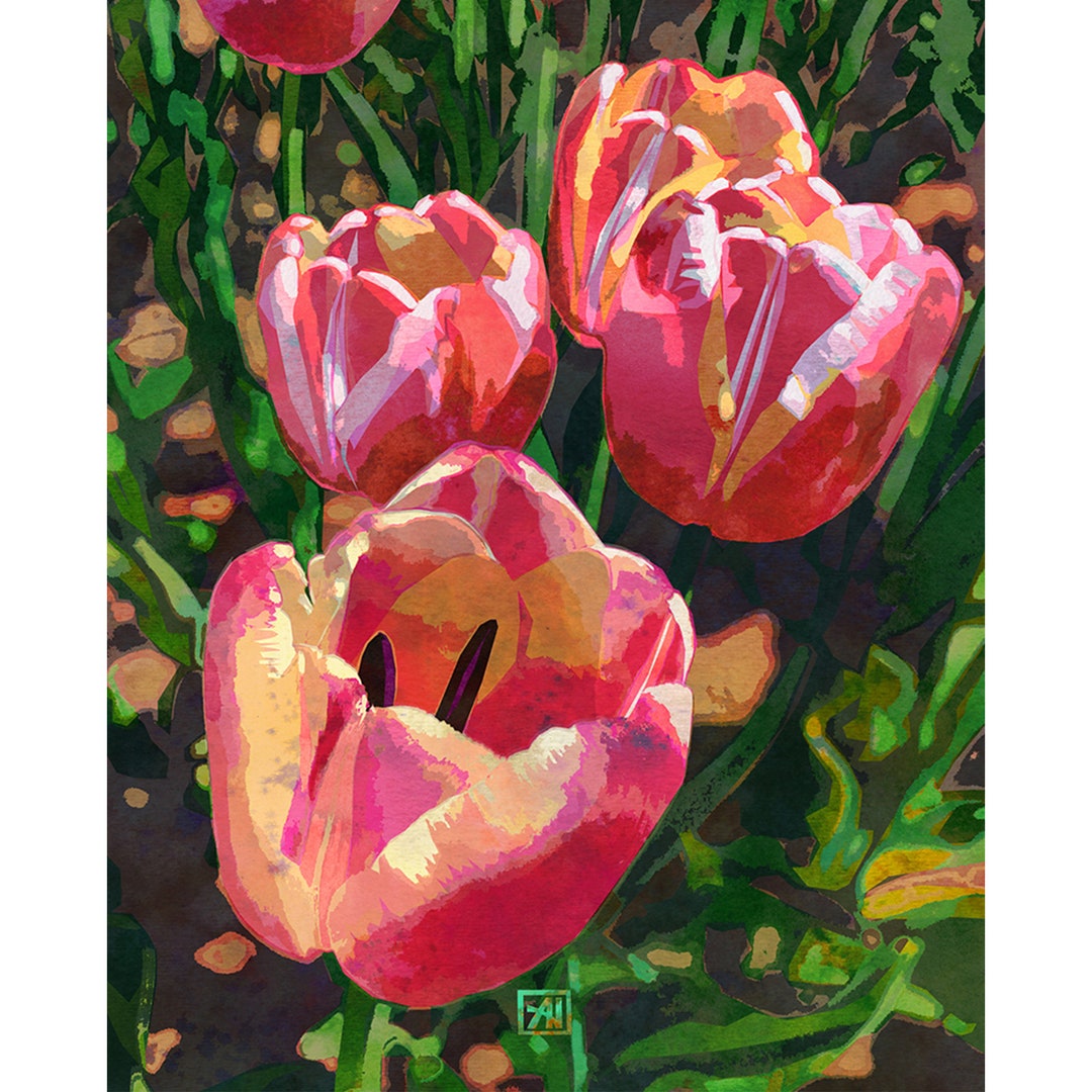 Tulip Flower Art Print #4 - Coral Pink & Gold Tulips Watercolor Floral ...