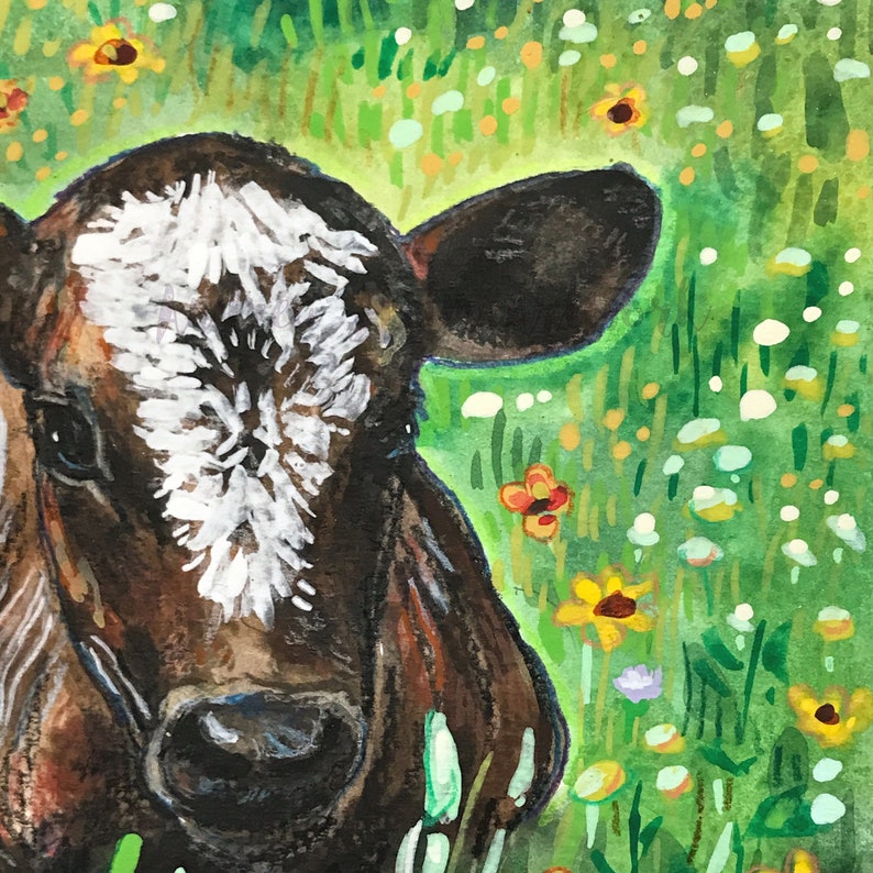 Brown Calf In The Flowers Baby Calf Watercolor Painting 7x10 Baby Farm Animals Wall Art image 4