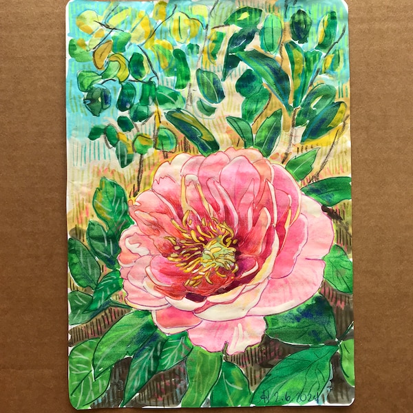 Coral Pink Peony Flower #9 - Watercolor Sketch on Notebook Paper (Feb. 6, 2024) | Original Floral Watercolor Painting - Coral Pink Green