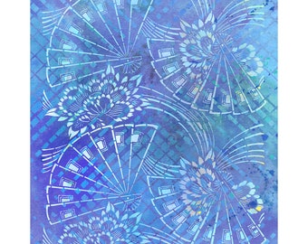 Beautiful Blue Fans Japanese Stencil Print - Sky Blue Multi | Japanese Fan Stencil Art Print