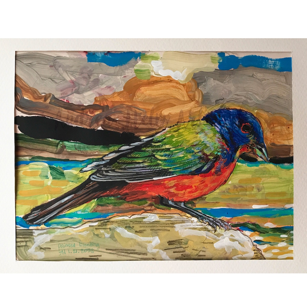 Painted Bunting Watercolor Painting Original Bird Wall Art Etsy