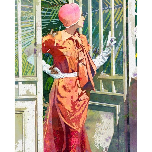 Retro Fashion Illustration #39 - Fabulous 50s Vintage Fashion Art Print - In The Garden Conservatory | Hollywood Retro Fashion Wall Art