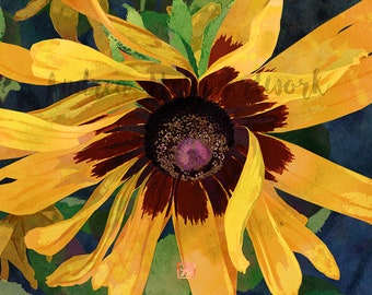 Black Eyed Susan Yellow Floral Portrait | Floral Watercolor Art Print