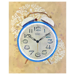 May include: A vintage-style illustration of a blue and white alarm clock with a gold-colored bell and legs. The clock face features black numerals and hands, with the text "BLESSING ALARM". The background is a beige color with white floral accents.