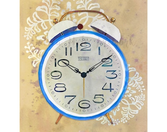 Antique Alarm Clock Art Print | Vintage Clock Illustration | Mid Century Modern Home