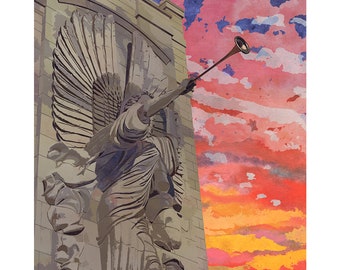 Bass Hall Angel Watercolor Art Print - Evening Sunset Sky | Fort Worth Sundance Square | Angel Painting