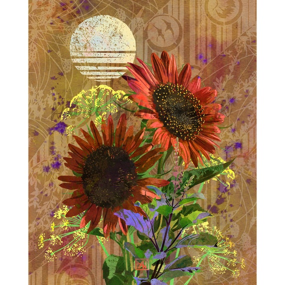 Red Sunflower Kitchen Garden Art Print | Farmhouse Floral Wall Art