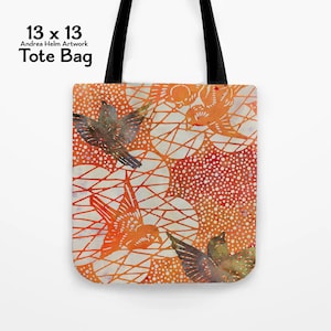 Bolsa de lona con gorriones en vuelo mandarina / Bolsa para libros con estampado de esténcil japonés antiguo / Bolsa de compras con estampado de pájaros