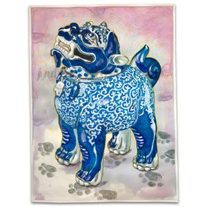 Pintura en acuarela de un perro león chino azul: Bestia mítica de la dinastía Ming