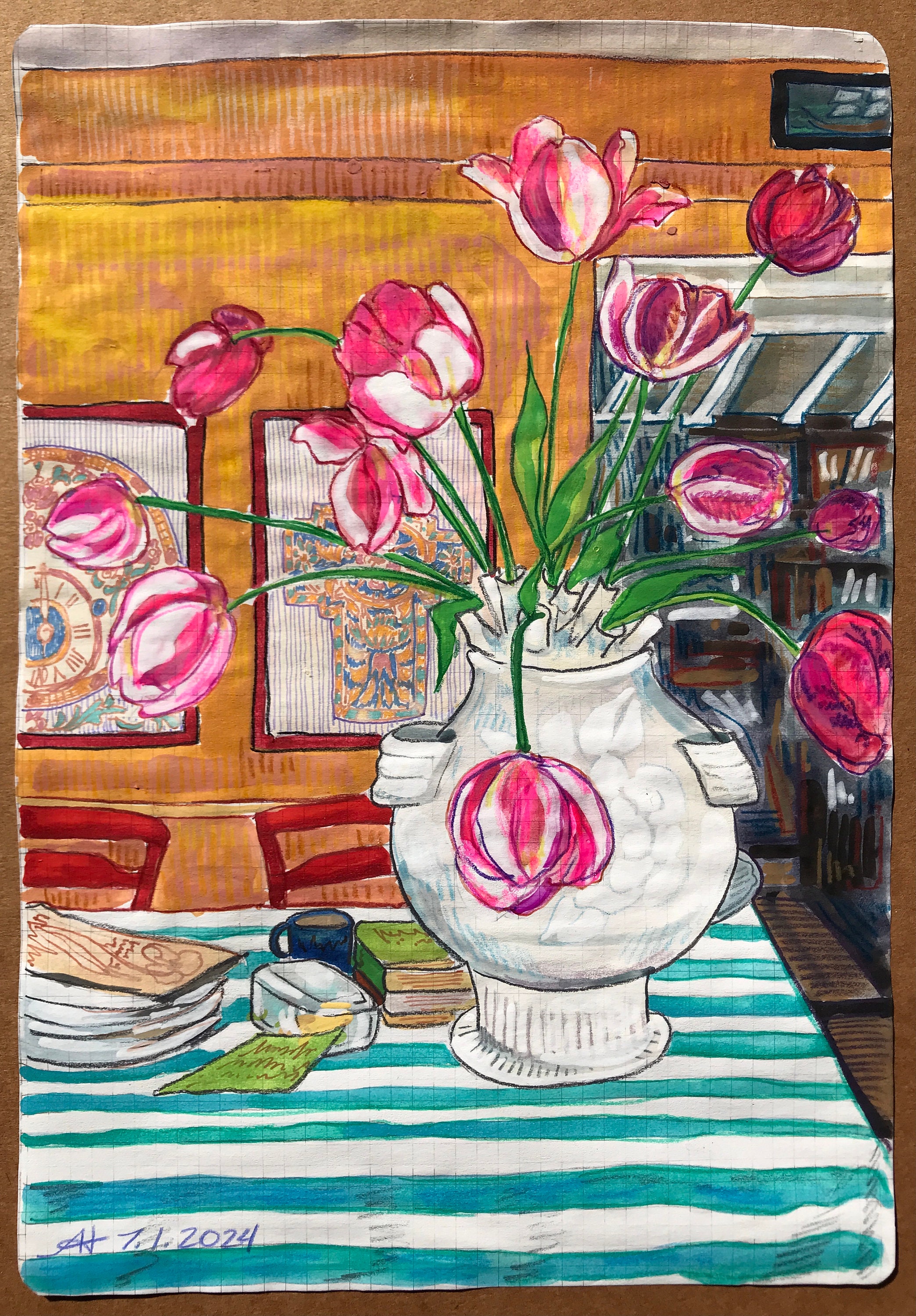 Original Room Interior Watercolor Painting | Striped Tablecloth With ...