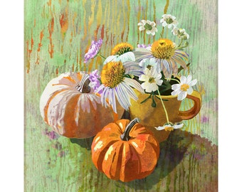 Pumpkin Spice Fall Floral Art Print - Farmhouse Green | Watercolor Pumpkins Floral Decor | Rustic Autumn Flowers | Mini-Pumpkins Art Print