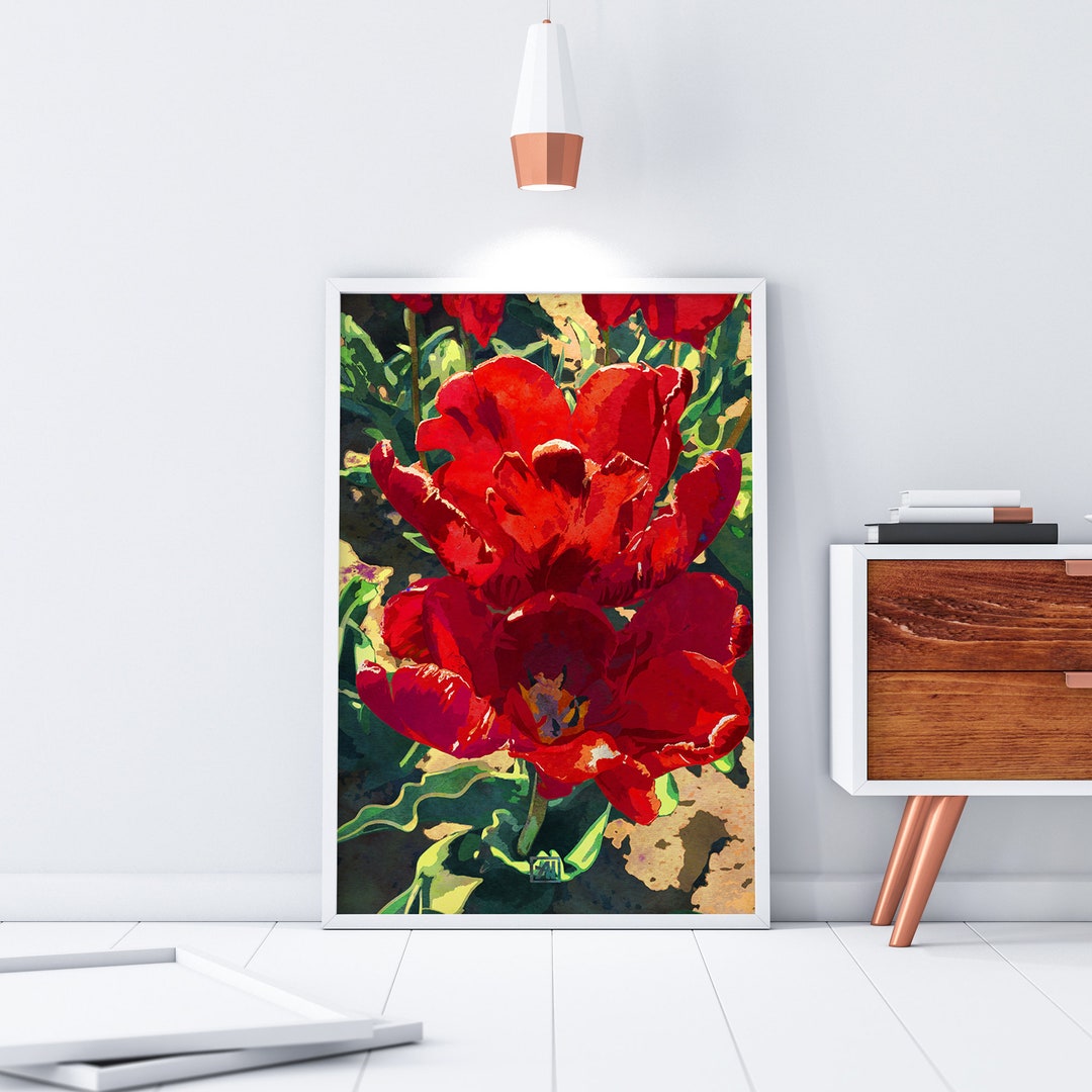 Tulip Flower Art Print #6 - Red Parrot Tulips Watercolor Floral Wall ...
