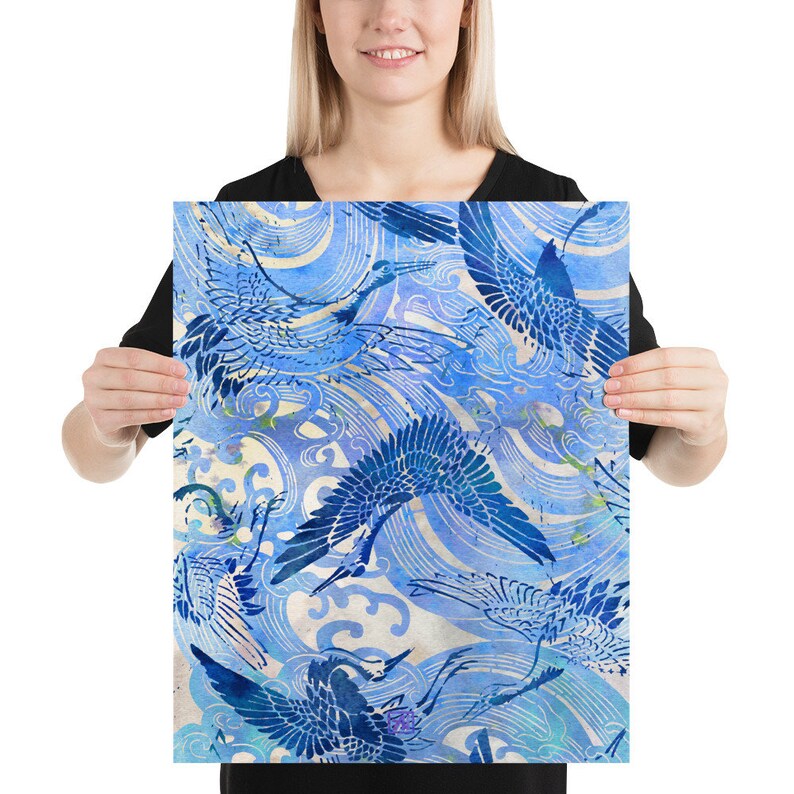 Blue Chinoiserie Wall Art Print Blue Waves and Cranes Asian Etsy