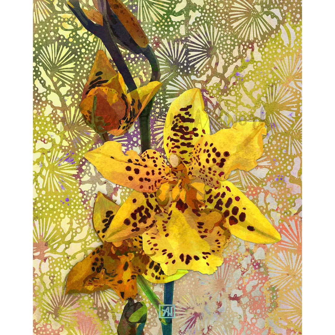 Orchid Flowers Botanical Illustration 1 Yellow Orange Green Orchid Wall