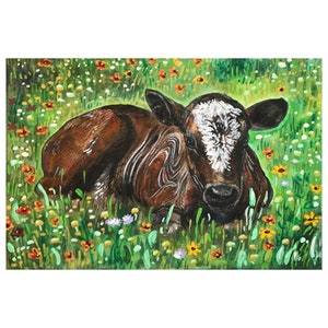 Brown Calf In The Flowers Baby Calf Watercolor Painting 7x10 Baby Farm Animals Wall Art image 8
