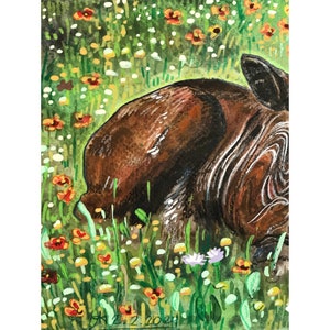 Brown Calf In The Flowers Baby Calf Watercolor Painting 7x10 Baby Farm Animals Wall Art image 5