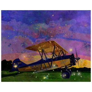 Old Sport Sunset - Retro Biplane Art Print | Sunset Landscape with Fireflies | Aviation Wall Art