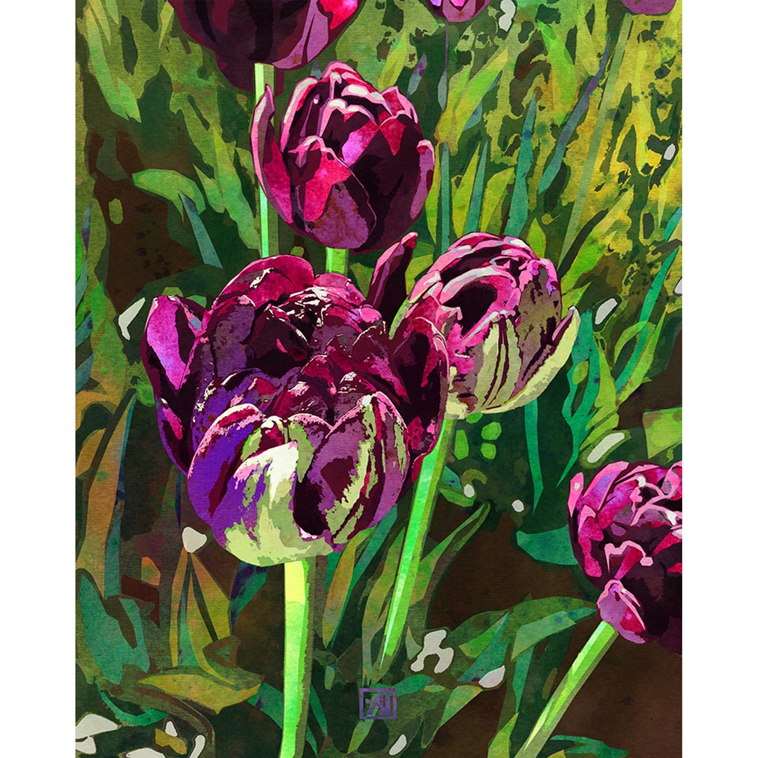 Tulip Flower Art Print #3 - Dark Purple Tulip Buds Watercolor Floral ...