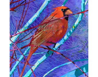 Christmas Cardinal Art Print - Red Azure Blue | Winter Holiday Red Bird Wall Art