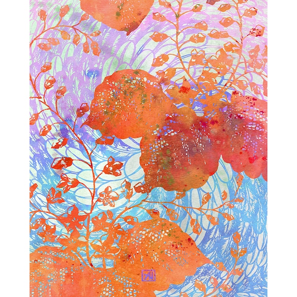 Spring Chinoiserie Wall Art Print - Tangerine Orange & Sky Blue | Delicate Floral Asian Inspired Stencil Design