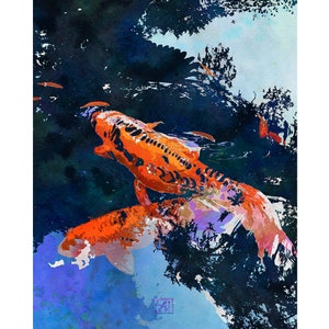 Koi Fish Watercolor Art Print | Japanese Koi Fish Poster | Zen Water Garden Wall Art | Goldfish Print