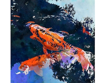 Koi Fish Watercolor Art Print | Japanese Koi Fish Poster | Zen Water Garden Wall Art | Goldfish Print