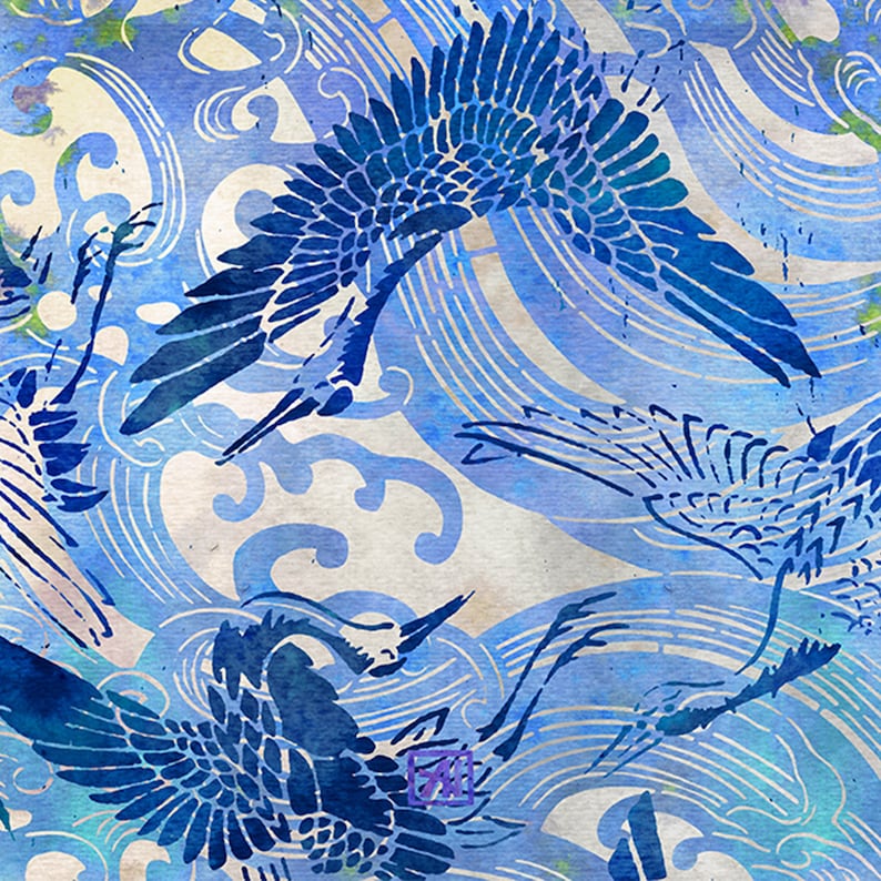 Blue Chinoiserie Wall Art Print Blue Waves and Cranes Asian Etsy