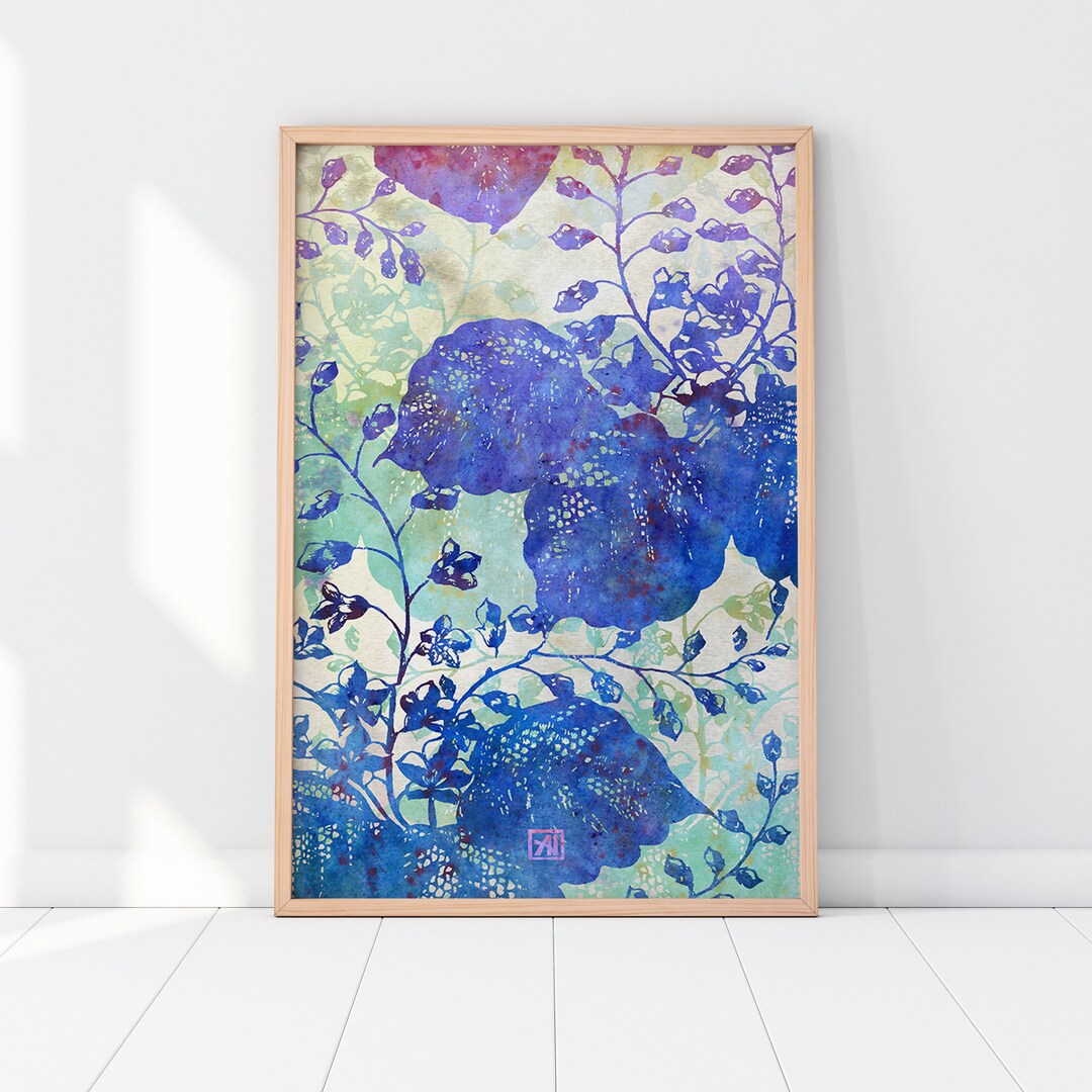 Blue Chinoiserie Wall Art Print Delicate Floral Asian Etsy