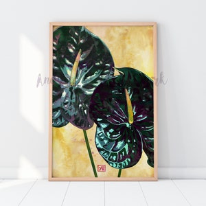 Dark Green Anthurium Flower Watercolor Art Print | Modern Floral Illustration