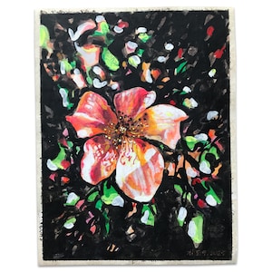 May include: A vibrant floral painting featuring a large, multi-petaled flower in shades of orange, red, and white, set against a dark background. The artwork includes accents of green, red, and white, with the date "7.5.9.2025" in the lower right corner.