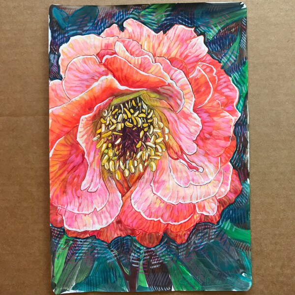 Blazing Coral Peony Flower #12 - Watercolor Sketch on Notebook Paper (April 10, 2024) | Original Floral Watercolor Painting - Orange Coral